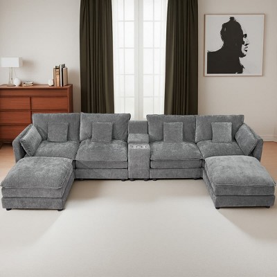 Modern Modular U-Shaped 6-Seat Sectional Sofa with Movable Ottoman, Storage Console and Cup Holders for Living Room or Apartment-Tanpinhause