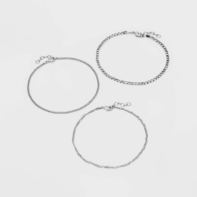 9" Twisted Curb Stone Anklet Set 3pc - A New Day™ Dark Silver