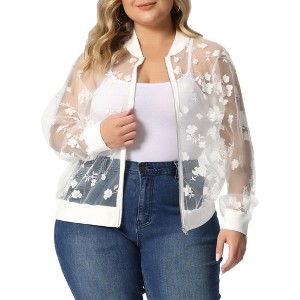 Women's Plus Size Bomber Mesh Sheer Floral Lace Long Sleeve Fashion Jackets - Agnes Orinda - 1 of 4