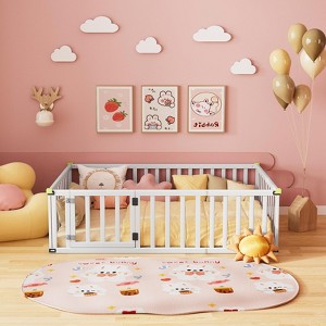 APRILSOUL Floor Bed for Kids, Solid Wood Toddler Bed Frame with Convertible Door and Safety Fence - 1 of 4