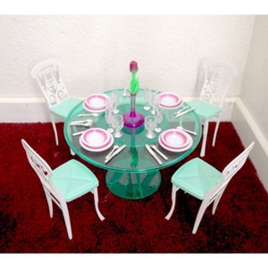 My Fancy Life Dollhouse Dining Set, Green Table with 4 White Chairs, Miniature Dining Room Playset - 1 of 2