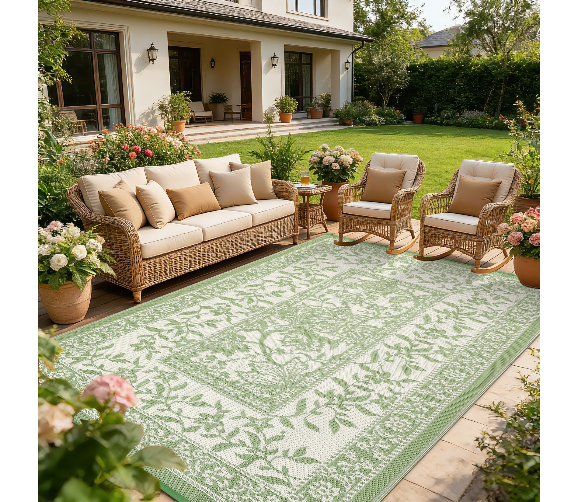 Outdoor Rug, Patio Waterproof, Reversible Plastic Straw Camping Rug, Botanical Grove Vintage Cottage core Outdoor Mat for RV, Deck, Picnic, Beach