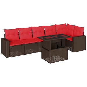 vidaXL 7 Piece Garden Sofa Set with Cushions Brown Poly Rattan - Brown - 1 of 4