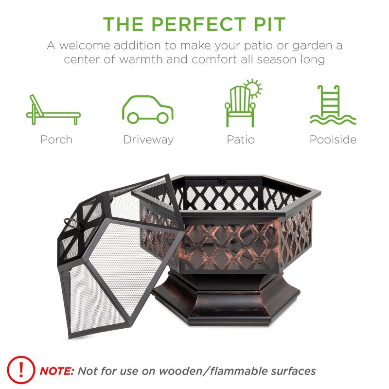 Best Choice Products 24in Hex-Shaped Steel Fire Pit for Garden, Backyard, Poolside w/ Flame-Retardant Mesh Lid, 4 of 9