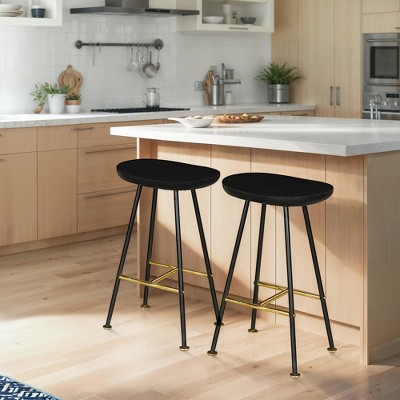Royal Hampton 24" Backless Barstool with Handcrafted Mango Wood Saddle Seat | PVD Coating | Gold Footrest | Iron Legs