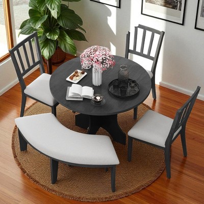 5-Piece Rustic Round Dining Table Set with 3 Upholstered Slat-Back Chairs and Curved Bench, Farmhouse Style for Kitchen or Dining Room