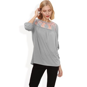 Anna-Kaci Women's 3/4 Sleeve Loose Fit Top with Sheer Floral Lace Yoke and Button Tab Sleeves - 1 of 3