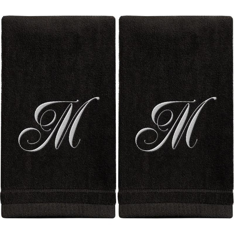 Creative Scents Black Fingertip Monogrammed Towels White Embroidered, 1 of 8