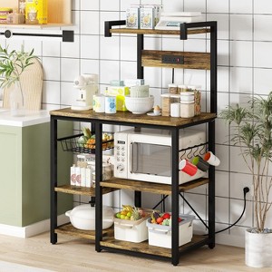 Hooseng Bakers Rack with Storage Coffee Bar Cabinet, Microwave Stand with Storage & Power Outlet for Kitchen & Dining, Rustic Brown - 1 of 4