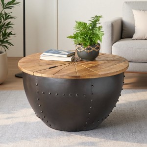 Mango Wood & Iron Drum Coffee Table with Storage - 1 of 4