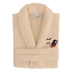 Linum Home Textiles 100% Turkish Cotton Unisex Terry Embroidered Bath Robe - Pumpkin Head - 1 of 3