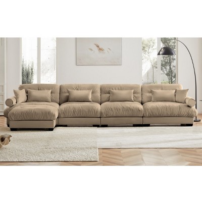 5 Pieces Sofa With Ottoman, 4 Seater Sectional Sofas Large With Waist Pillow And Throw Pillows, Large L Shape Sofa For Living Room-Cuddlewood