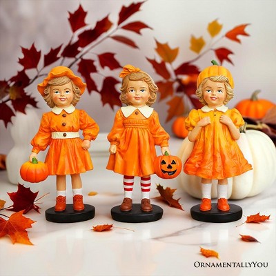 Inviting Pumpkin Girl Trio Set of Figurines, 6" Victorian Autumn Fall and Halloween Table Decoration| OrnamentallyYou