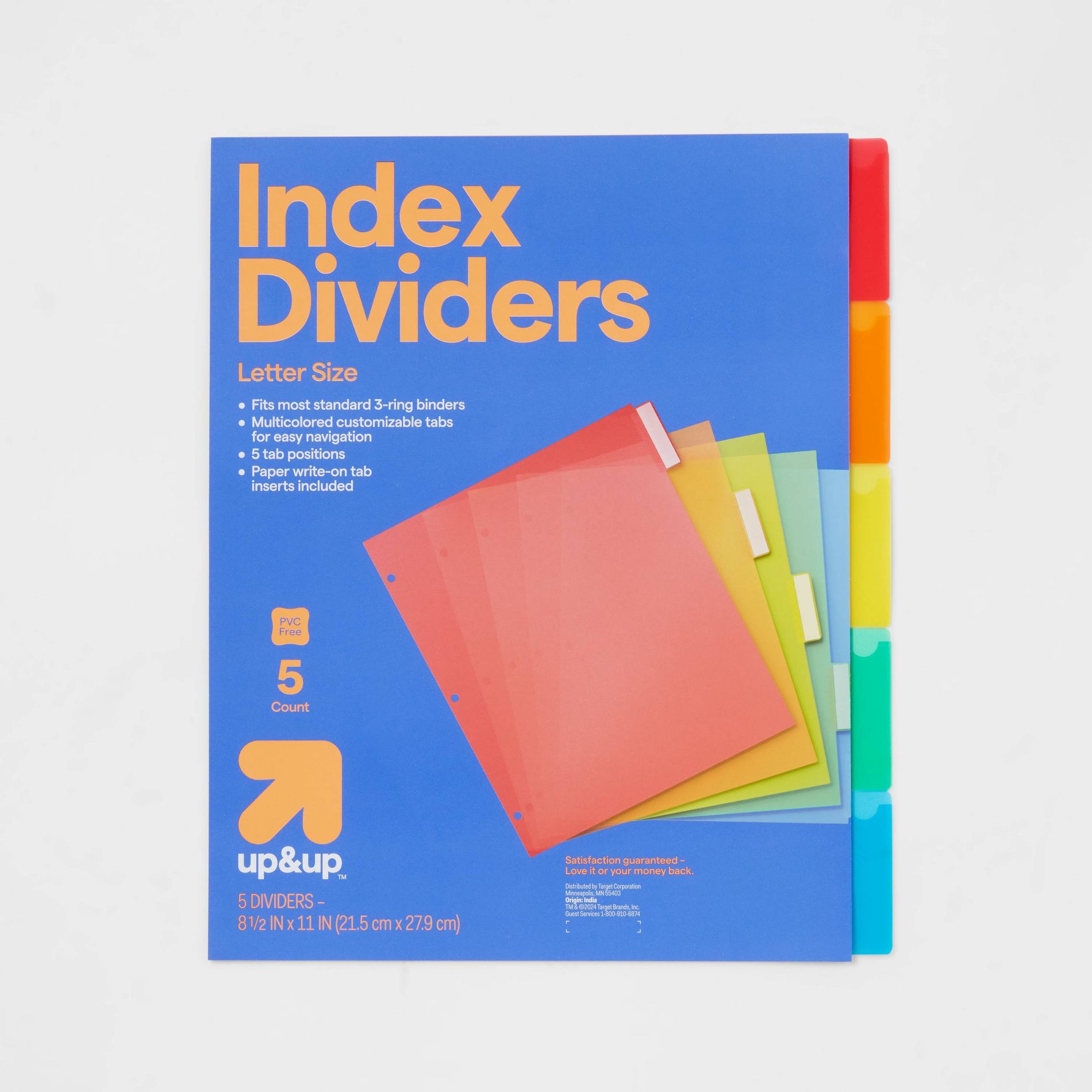 5ct Plastic Letter Index Dividers - up&up™: Multicolor 3 Hole Punched Binder Dividers, Reusable Polypropylene, 11"x8.5"