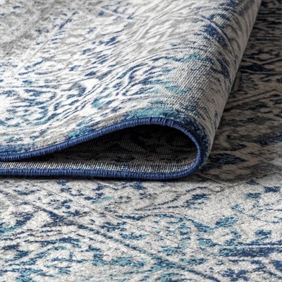 Navy and Light Grey Medallion Synthetic Runner Rug