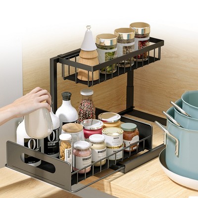 Heavy-Duty Black Metal 2-Tier Under Sink Storage Organizer