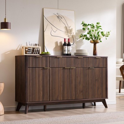 SinCiDo 60" Fluted Modern Buffet Sideboard Cabinet, 3 Drawers & 4 Doors, Coffee Bar Wine Bar Storage Cabinet for Dining Room, Living Room