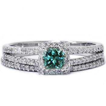 Pompeii3 3/4ct Blue Diamond Princess Cut Halo Diamond Engagement Ring Set 14K White Gold