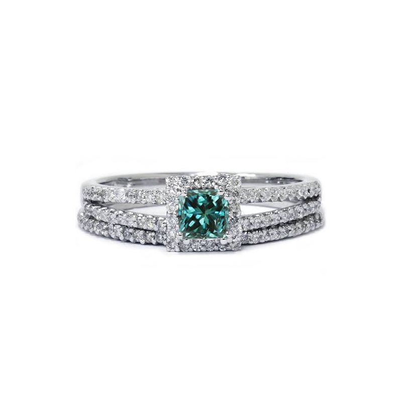 Pompeii3 3/4ct Blue Diamond Princess Cut Halo Diamond Engagement Ring Set 14K White Gold, 1 of 5