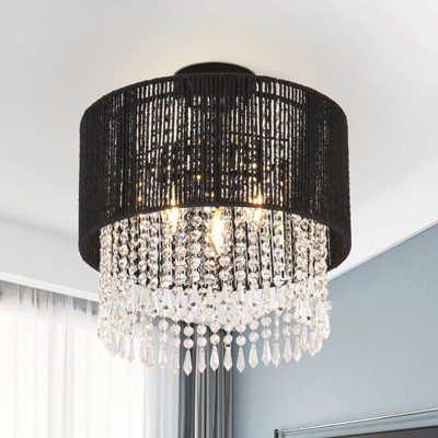 PAKOKULA 3-Light Drum Nature Rattan&Crystal Flush Mount Ceiling Light