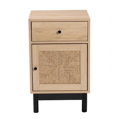 Light Brown Wood Accent Table with Woven Storage