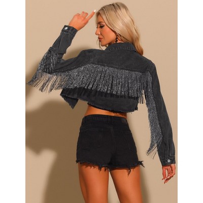 Allegra K Women's Collared Tassel Casual Button Down Long Sleeves Crop Denim Jacket X-Large Black — фото 4