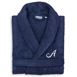 Linum Home Textiles 100% Turkish Cotton Unisex Personalized Terry Bathrobe Navy in White Script Font - 1 of 4