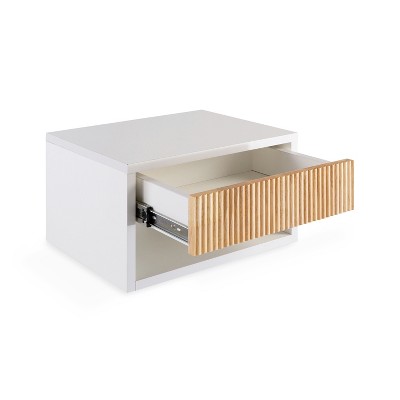 White MDF Floating Nightstand with Rattan Drawer