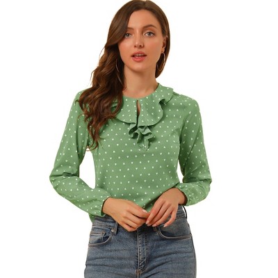 Allegra K Women's 1950s Vintage Ruffle Neck Long Sleeve Dots Chiffon Blouse
