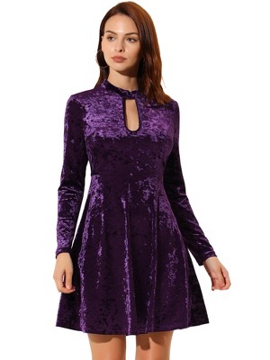 INSPIRE CHIC Women's Keyhole Neck High Waist Long Sleeve Velvet Swing Mini Dress