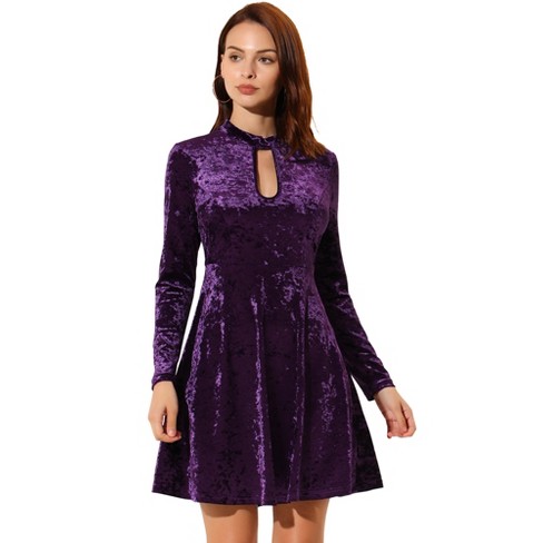 Allegra K Women's Keyhole Neck High Waist Long Sleeve Velvet Swing Mini  Dress Purple Large