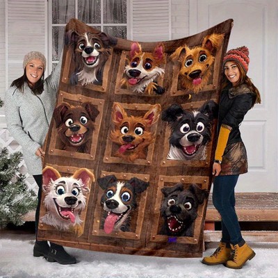 Cartoon Dog Pattern Flannel Fleece Blanket - All-Season Cozy Sofa, Bed, Camping, Travel Pet-Themed Throw, Christmas Gifts