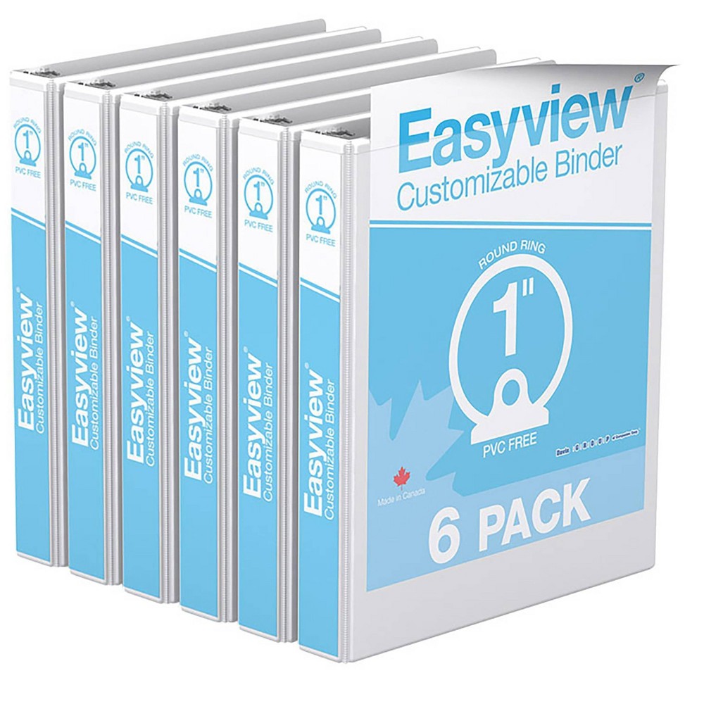 1" Premium Round Ring Binder 6pk Customizable View White - Easyview: Hard Cover, 200 Sheet Capacity, 2 Pockets