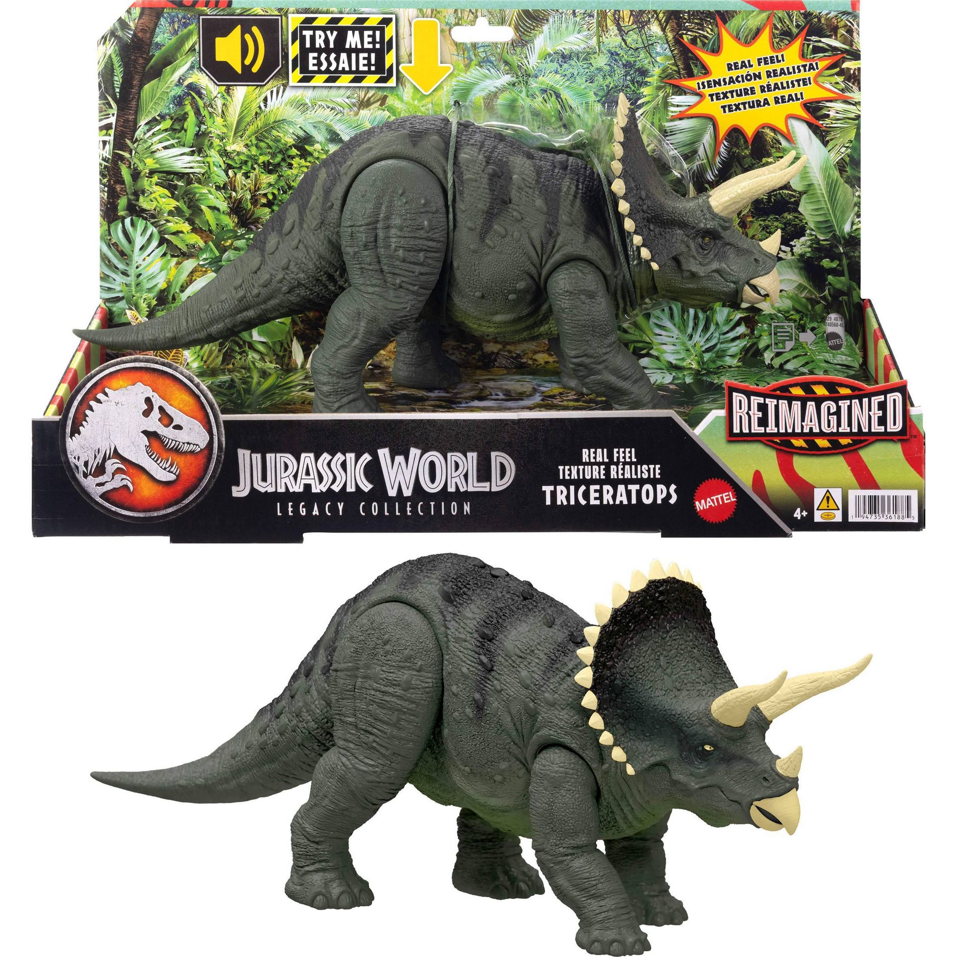 Jurassic World Reimagined Real Feel Triceratops Roaring Dinosaur Figure, 90s Inspired Toy