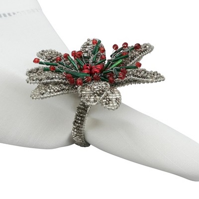 Silver Beaded Flower Napkin Rings Set of 4