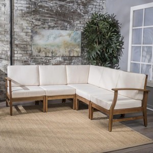 Outdoor Sectional Sofa Set, 5 Seater Sofa Set with Side Armrest Sofa, 5 Pcs Sofa with Wood Frame and PE Cushions and PE Pillows-Coolbibila - 1 of 4