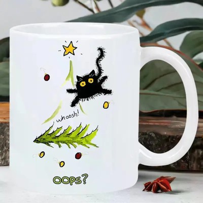 Funny Cat & Christmas Tree Ceramic Coffee Mug - No Assembly, No Accessories, Durable Insulated Cup for Hot