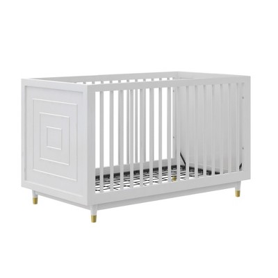 White High-Gloss Wood 3-in-1 Convertible Crib with Gold Accents