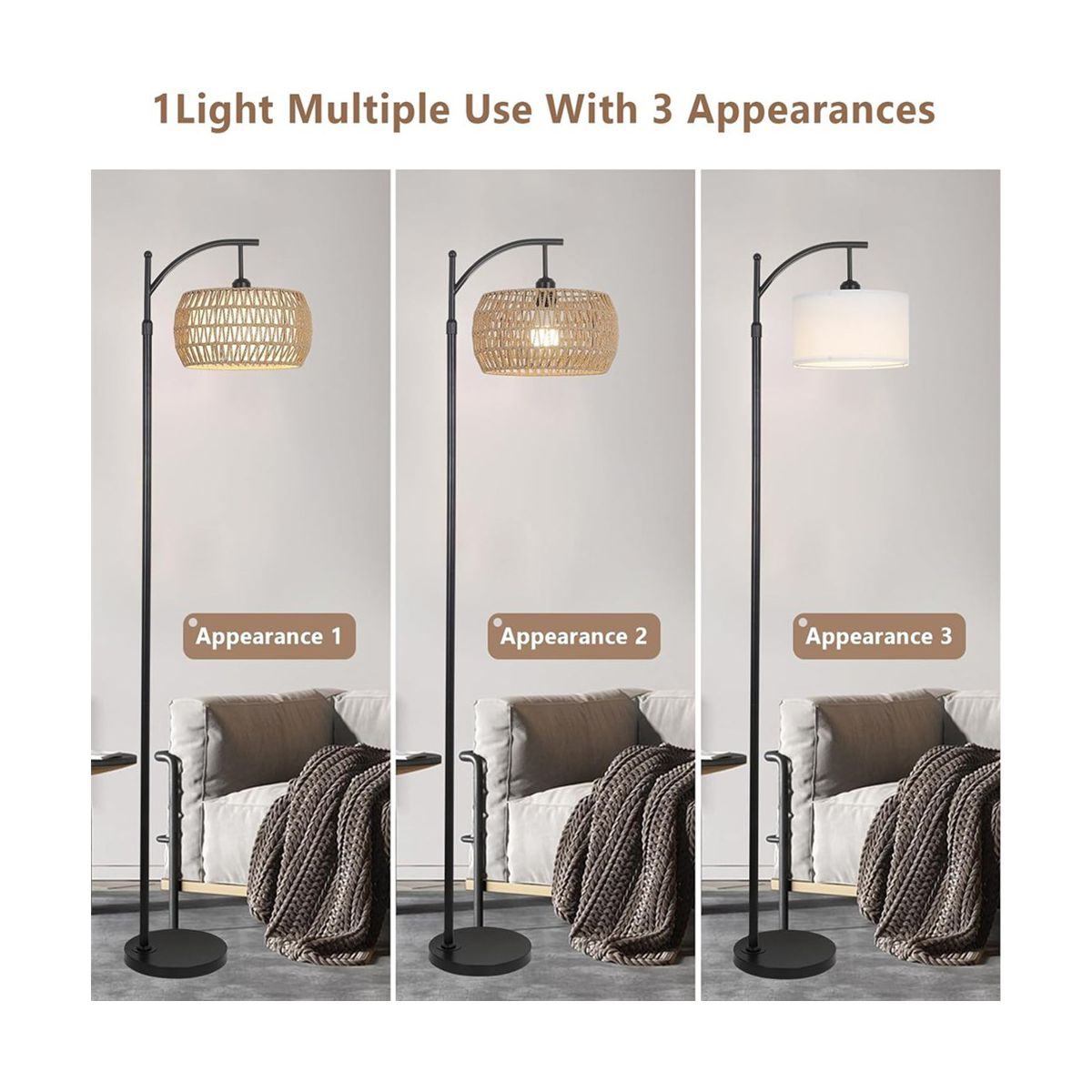 Arc Floor Lamp with 3 Color Temperatures, Boho Standing Lamp with Rattan & Fabric Shades, Farmhouse Tall Lamp for Living Room Bedroom - thumbnail 8