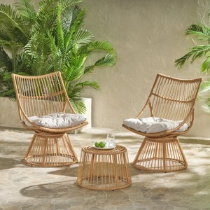 Outdoor Chair and Table Set with Beige Cushion, Light Brown Faux Rattan and Iron Frame for Balcony, Porch or Compact Garden Space-Cuddlewood - 1 of 4