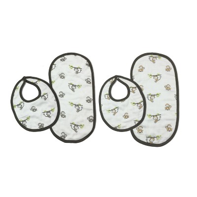 Bacati - Happy Monkeys Gray/Biege Muslin 4 pc set of Bibs & Burp Cloths Set