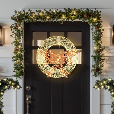 1.6-Foot Gold LED Christmas Wreath with Red Light Bow