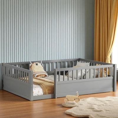 Twin/Full Size Floor Bed with Safety Fence and Open Door, Wooden Montessori Style Platform Bed Frame for Toddlers and Kids Bedroom or Playroom