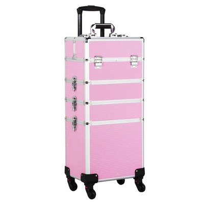 Yaheetech 4-In-1 Aluminum Rolling Cosmetic Makeup Train Cases, Pink