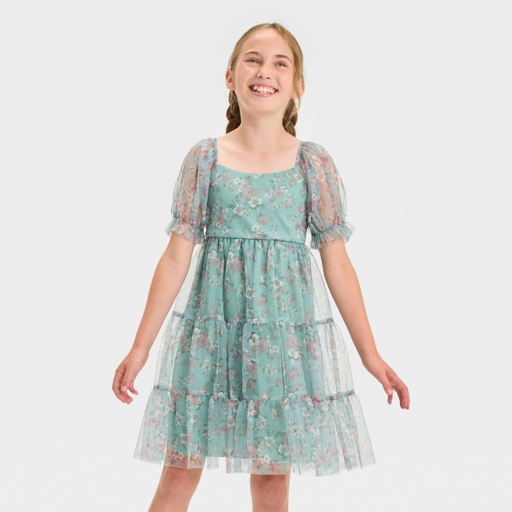 Zenzi Girls' Short Sleeve Tiered Floral Dress - Sage Green M