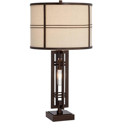 Franklin Iron Works Industrial Table Lamp with USB Charging Port Nightlight Oil-Rubbed Bronze Drum Shade for Living Room Bedroom