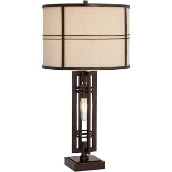 Franklin Iron Works Industrial Table Lamp with USB Charging Port Nightlight 28" Tall Oil-Rubbed Bronze Drum Shade for Living Room Bedroom