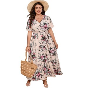 Whizmax Plus Size V Neck Wrap Maxi Dress for Women High Waist Short Sleeves Casual Floral Summer Dress with Belt - 1 of 4