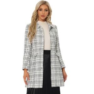 Allegra K Women's Plaid Tweed Doll Collar Winter Button Elegant Long Coat - 1 of 4