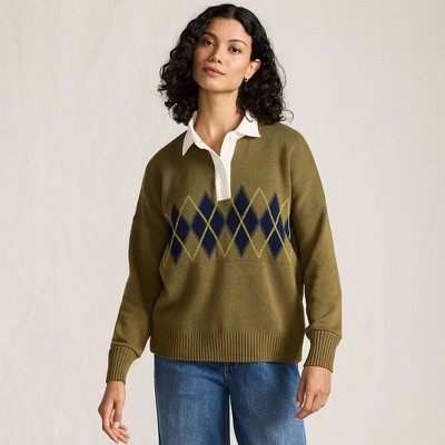 Lands' End Women's Drifter Rugby with Woven Collar Sweater